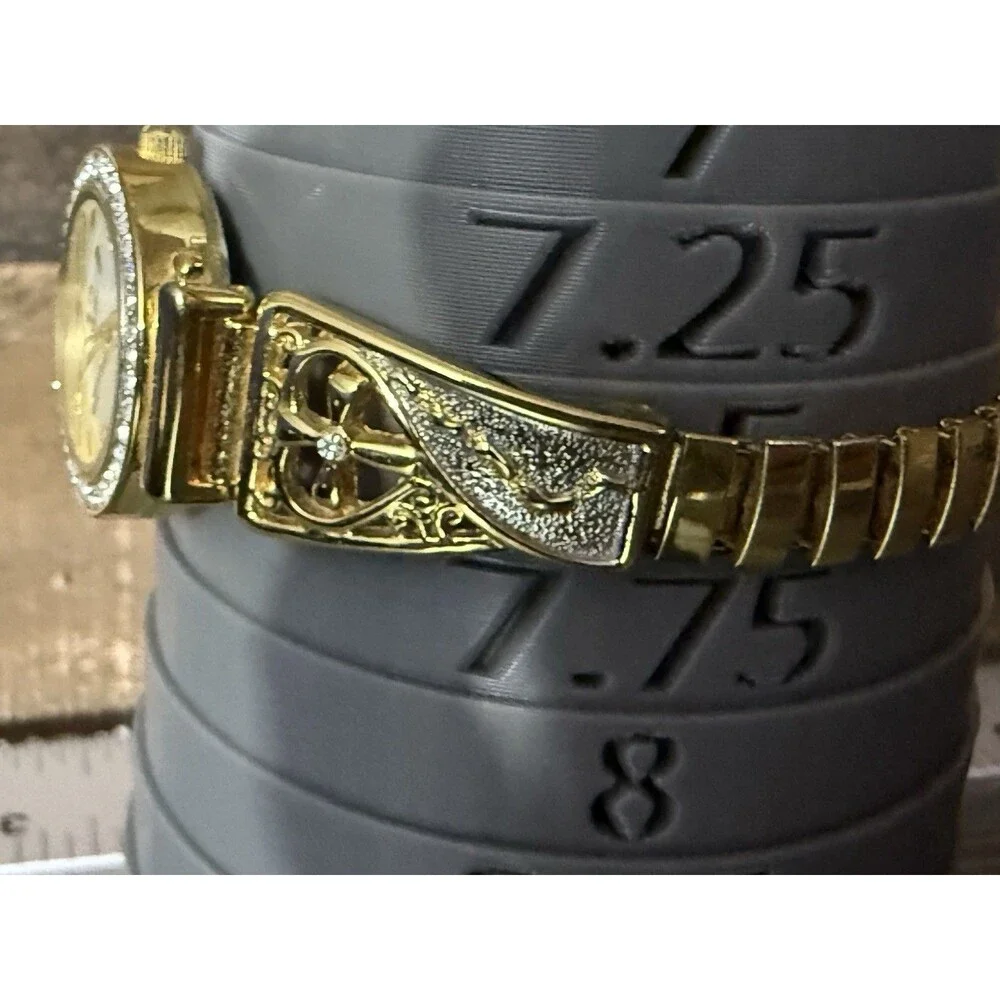Mother Of Pearl Womens Gold Tone Cross Watch Stretch Christian Band New Battery